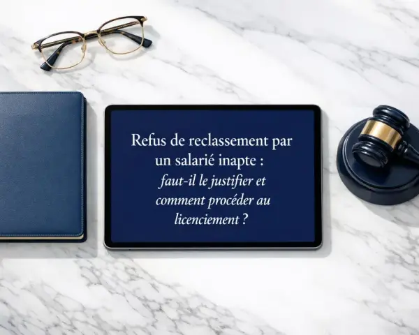 Un juge, un livre bleu et une tablette affichant "Refus de reclassement par un salarié inapte : faut-il le justifier et comment procéder au licenciement ?" sur fond marbre.