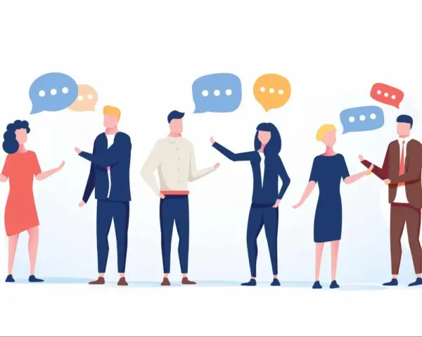 Six personnes discutent, leurs bulles de dialogue flottant au-dessus. Un baromètre social de la communication.