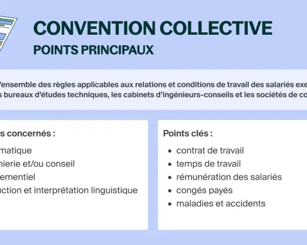 Convention collective : points principaux, secteurs concernés (informatique, ingénierie, événementiel, traduction) et points clés (contrat, temps de travail, rémunération, congés, maladies).