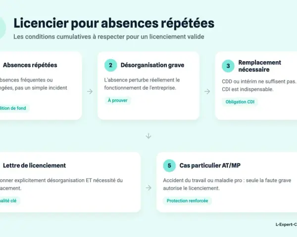Schéma expliquant quand peut-on licencier un salarié en arrêt maladie pour faute grave : absences répétées, désorganisation, remplacement nécessaire, lettre de licenciement, cas AT/MP.