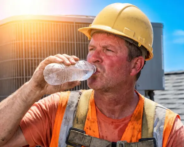 Ouvrier en sueur, casque jaune, buvant de l'eau sous un soleil de plomb. La condition de travail difficile est évidente sur son visage rougi.