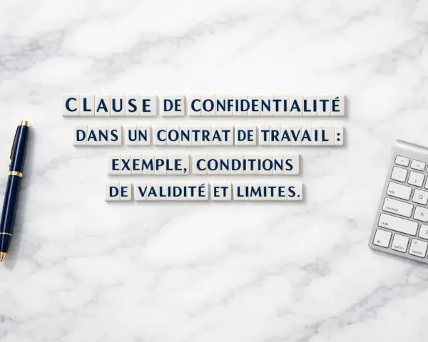 Une clause de confidentialité dans un contrat de travail : exemple, conditions de validité et limites. Stylo et clavier sur fond marbre.