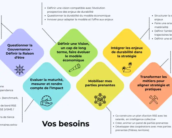 Schéma illustrant les besoins d'une entreprise en matière de gouvernance, vision, stratégie, impact, parties prenantes et transformation, pour un conseil d'entreprise axé sur la durabilité.