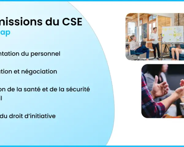 Les 4 missions du CSE : représentation, consultation, protection santé/sécurité et droit d'initiative. Illustration de réunions professionnelles.