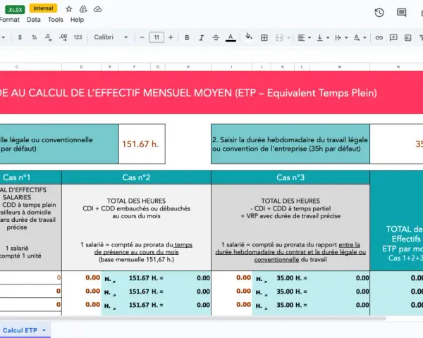 Tableau de calcul de l'ETP (Equivalent Temps Plein) pour la gestion des effectifs. Il détaille les cas de calcul et les entrées pour janvier, février et mars.