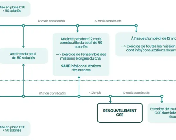 Organigramme expliquant la mise en place et les missions du CSE, avec des seuils de salariés et des délais de 12 mois.