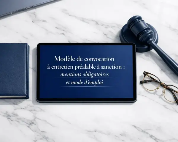 Modèle de convocation à entretien préalable à sanction : mentions obligatoires et mode d'emploi sur une tablette, avec un livre bleu, des lunettes et un maillet de juge.