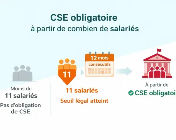 Moins de 11 salariés : pas d'obligation de CSE. 11 salariés et 12 mois consécutifs : CSE obligatoire.