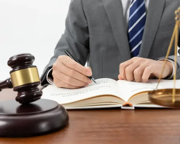 Un avocat en costume écrit dans un livre de droit, marteau de juge et balance de la justice à proximité. Une scène symbolisant l'entrave au CSE.