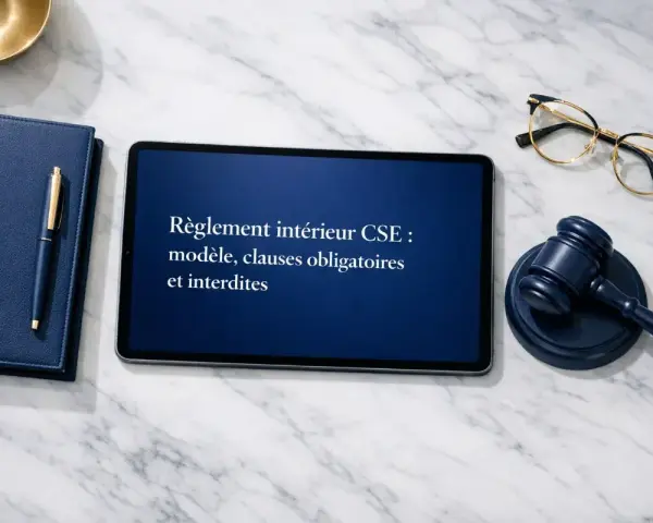 Sur une table en marbre, un règlement intérieur CSE est affiché sur une tablette. Un maillet de juge, des lunettes et un carnet bleu avec un stylo sont disposés autour. Le délai convocation cse 3 jours ouvrables est un point clé.