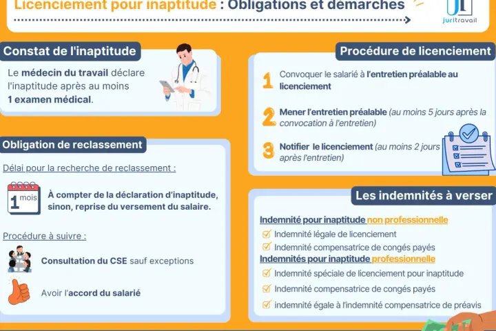 Infographie sur le licenciement pour inaptitude : constat, procédure, obligations de reclassement et indemnités. Le médecin du travail constate l'inaptitude.