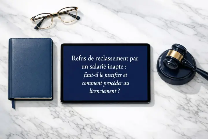 Un juge, un livre bleu et une tablette affichant "Refus de reclassement par un salarié inapte : faut-il le justifier et comment procéder au licenciement ?" sur fond marbre.