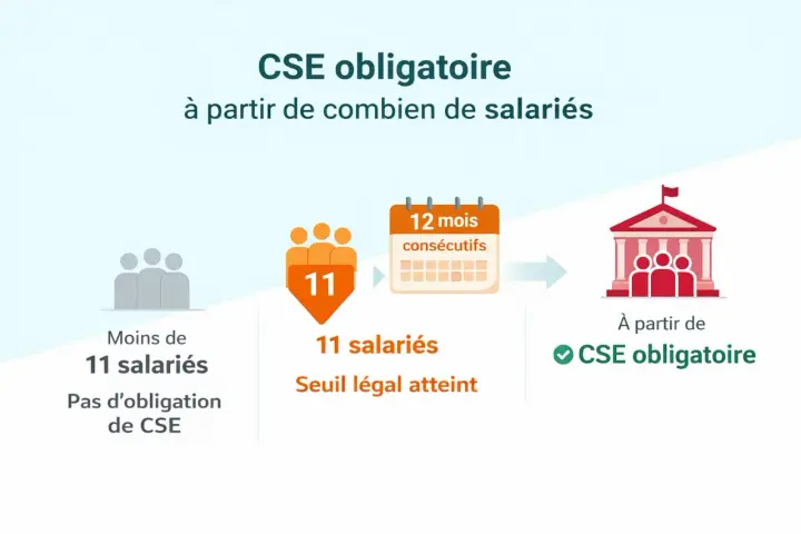 Moins de 11 salariés : pas d'obligation de CSE. 11 salariés et 12 mois consécutifs : CSE obligatoire.