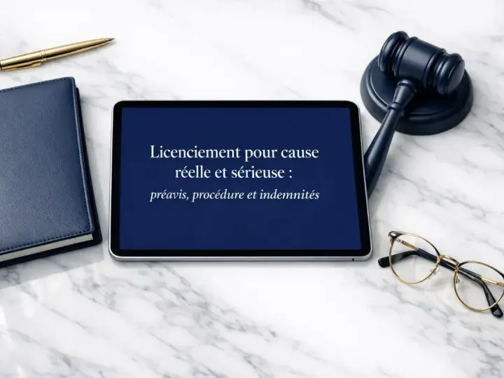 Tablette affichant "Licenciement pour cause réelle et sérieuse : préavis, procédure et indemnités", avec un marteau de juge, un carnet et un stylo.