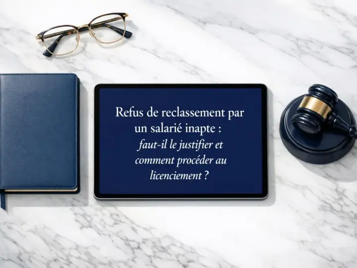 Un juge, un livre bleu et une tablette affichant "Refus de reclassement par un salarié inapte : faut-il le justifier et comment procéder au licenciement ?" sur fond marbre.