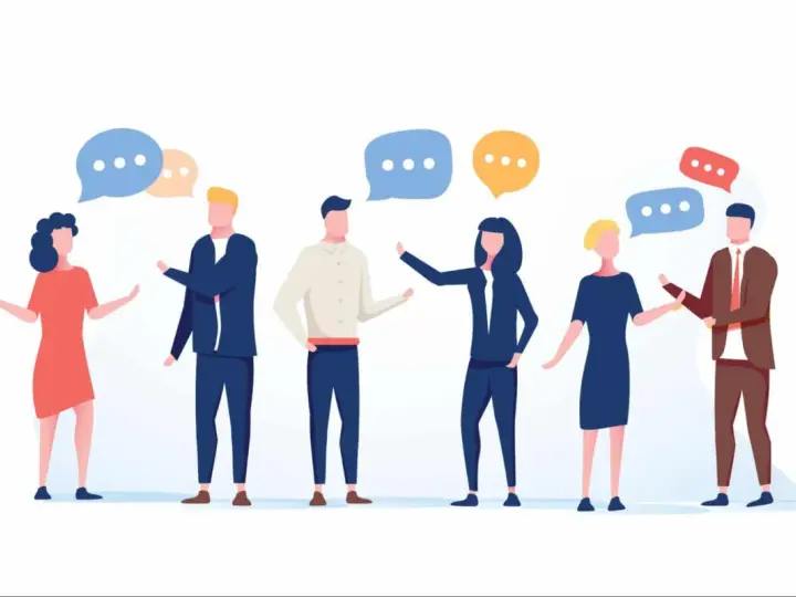 Six personnes discutent, leurs bulles de dialogue flottant au-dessus. Un baromètre social de la communication.