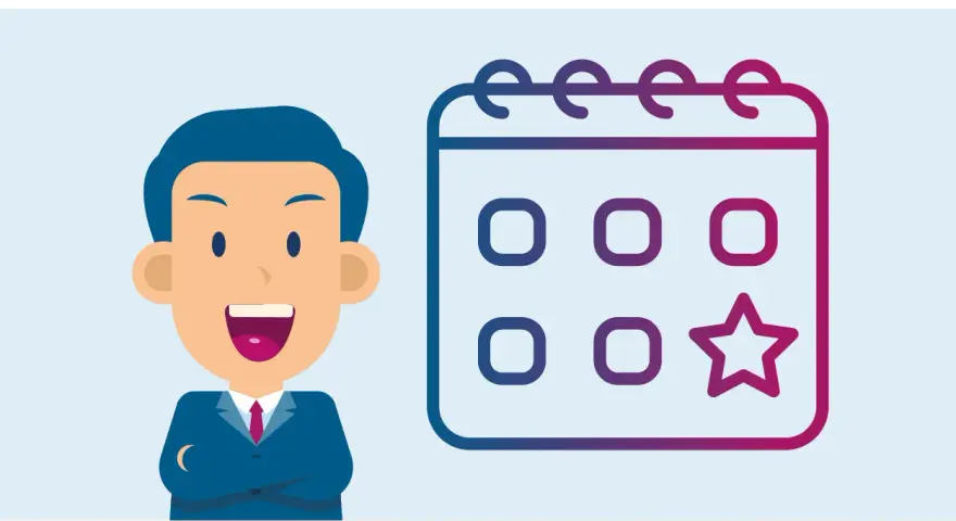 Un homme souriant à côté d'un calendrier avec une étoile, symbolisant un bon de délégation CSE approuvé.