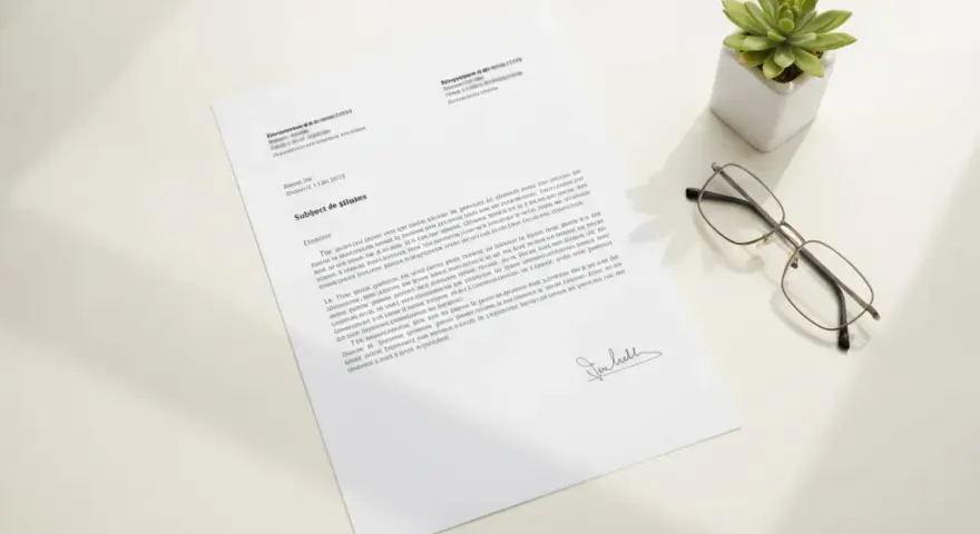 Une lettre de départ à la retraite est posée sur un bureau, à côté de lunettes et d'une plante.