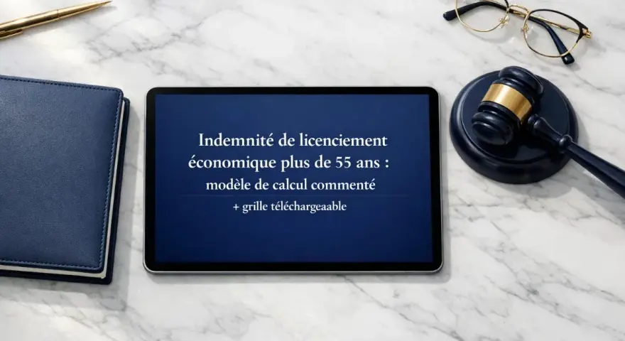 Tablette affichant "Indemnité de licenciement économique plus de 55 ans : modèle de calcul commenté + grille téléchargeable". Un marteau de juge et des lunettes sont à côté.