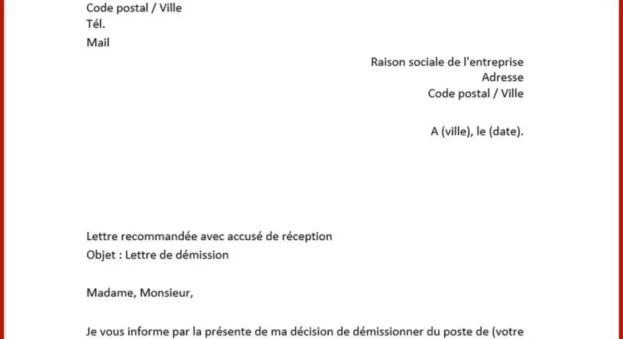 Modèle de lettre de démission. Ce document explique comment écrire une lettre de démission, avec les champs à remplir pour l'expéditeur et l'entreprise.