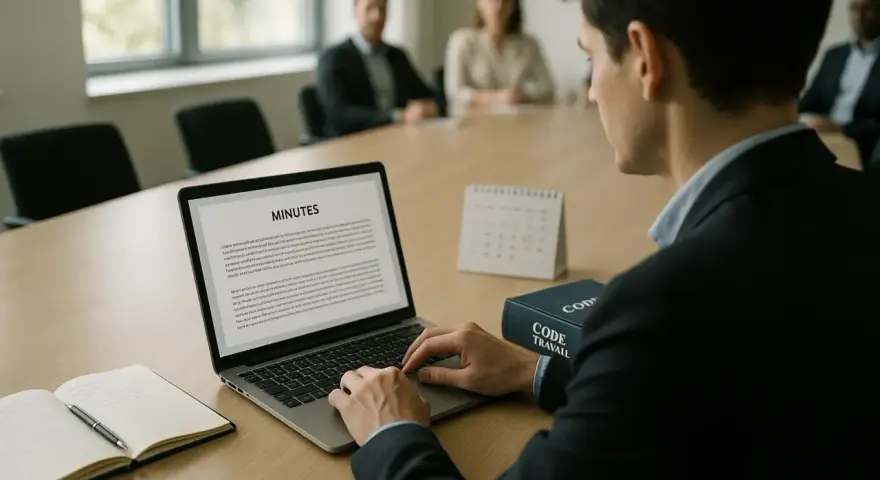 Un homme rédige le pv cse sur son ordinateur portable lors d'une réunion. Un livre "Code Travail" est posé à côté.