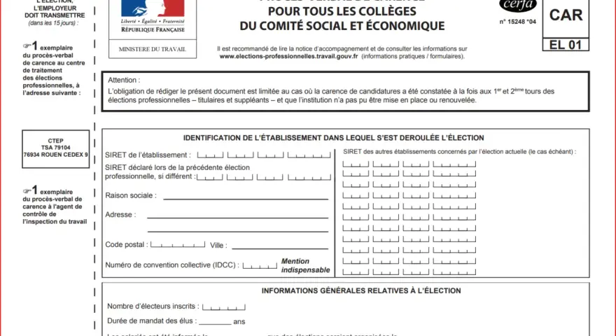 Modèle lettre information élection CSE : procès-verbal de carence pour les collèges du Comité Social et Économique.