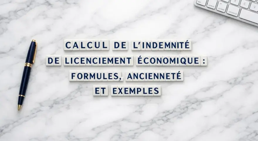 Calcul de l'indemnité de licenciement économique : formules, ancienneté et exemples. Un stylo et un clavier sur fond marbre.
