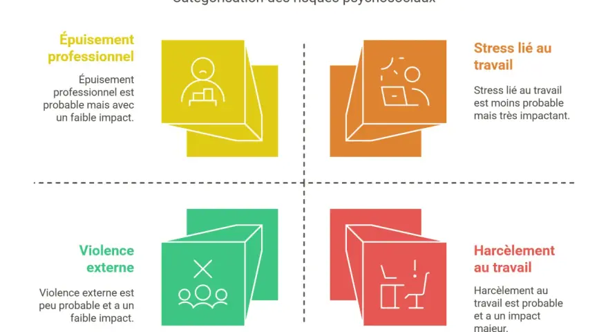 Matrice des risques psychosociaux : épuisement, stress, violence externe et harcèlement au travail, conformément aux l4121-1 et l4121-2 du code du travail.