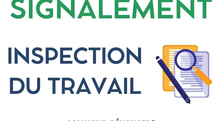 Modèle de lettre pour signaler un problème à l'inspection du travail. Illustration d'un document, d'une loupe et d'un stylo.