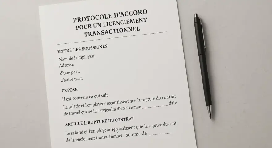 Protocole d'accord pour un licenciement transactionnel en France. Un stylo noir repose à côté du document.