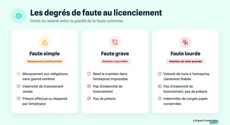 Tableau comparant les degrés de faute : faute simple, faute grave et faute lourde, avec leurs conséquences sur les droits du salarié.