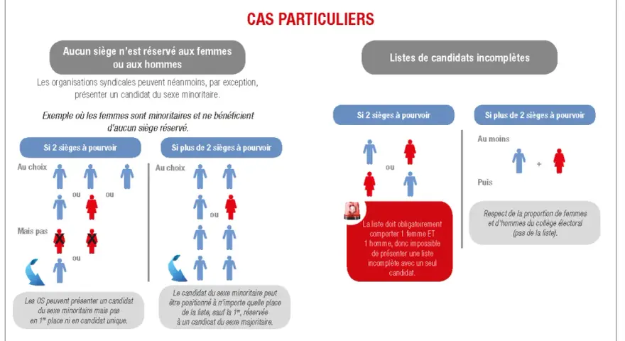 Modèle affichage liste candidats CSE : exemples de composition de listes, notamment pour les sexes minoritaires.