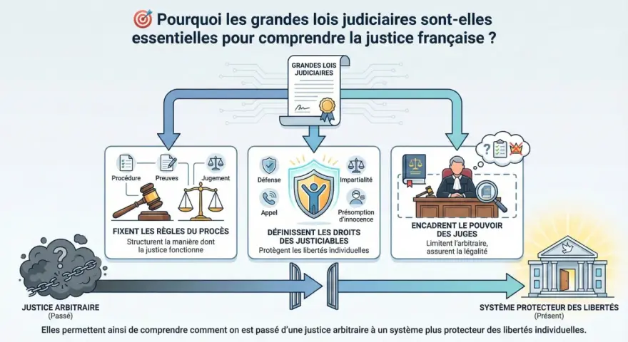 Schéma expliquant l'importance des lois judiciaires. La jurisprudence en droit social évolue pour passer d'une justice arbitraire à un système protecteur des libertés.
