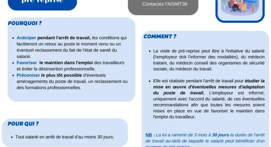 La visite de pré-reprise aide à anticiper le retour au travail et à favoriser le maintien dans l'emploi. Elle concerne tout salarié en arrêt de travail.