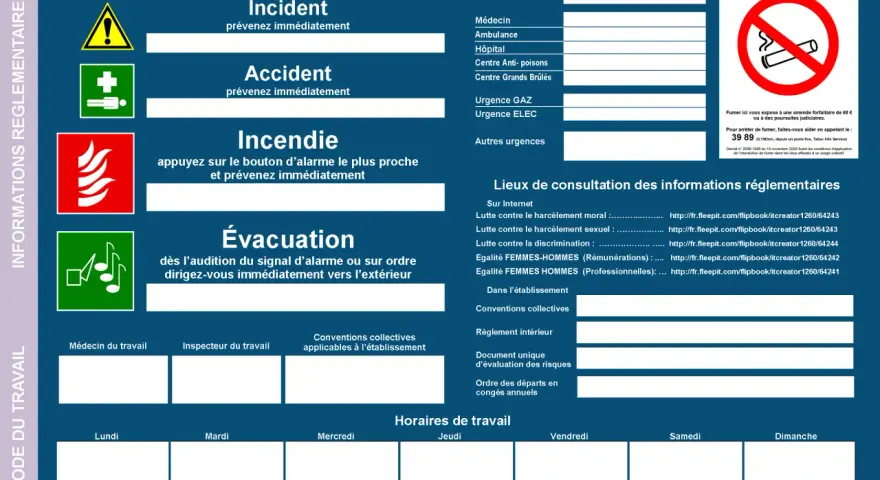 Panneau d'affichage obligatoire en entreprise : sécurité, urgences, interdiction de fumer, et informations réglementaires.