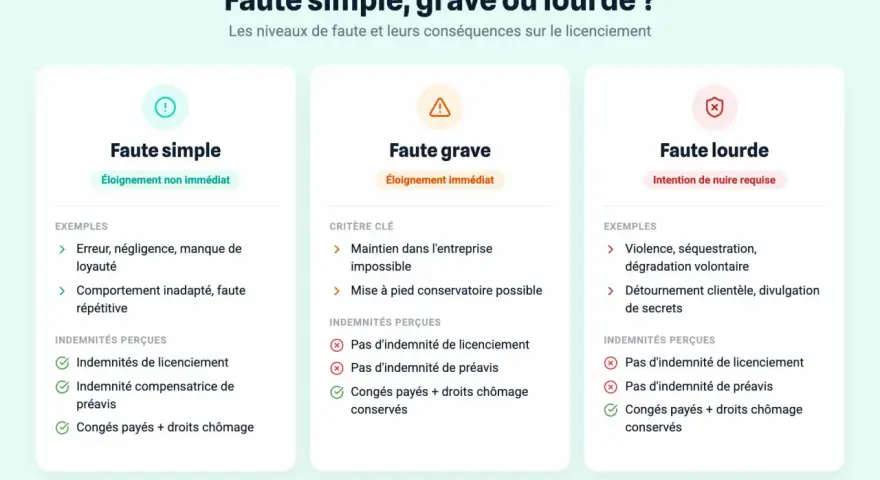 Tableau comparatif des niveaux de faute : faute simple (ex: négligence), faute grave et faute lourde, avec leurs conséquences sur le licenciement.