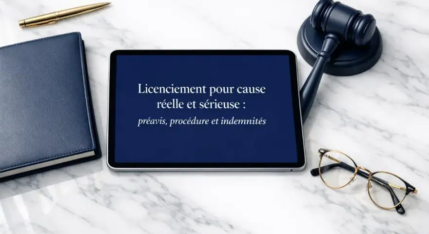 Tablette affichant "Licenciement pour cause réelle et sérieuse : préavis, procédure et indemnités", avec un marteau de juge, un carnet et un stylo.
