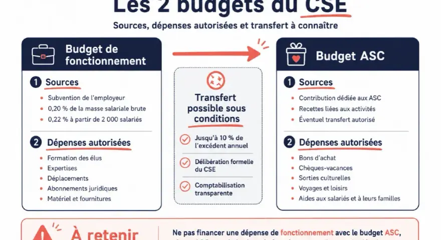 Budget de fonctionnement et ASC du CSE : sources, dépenses et transferts possibles. Le budget asc cse plus de 50 salariés est détaillé.