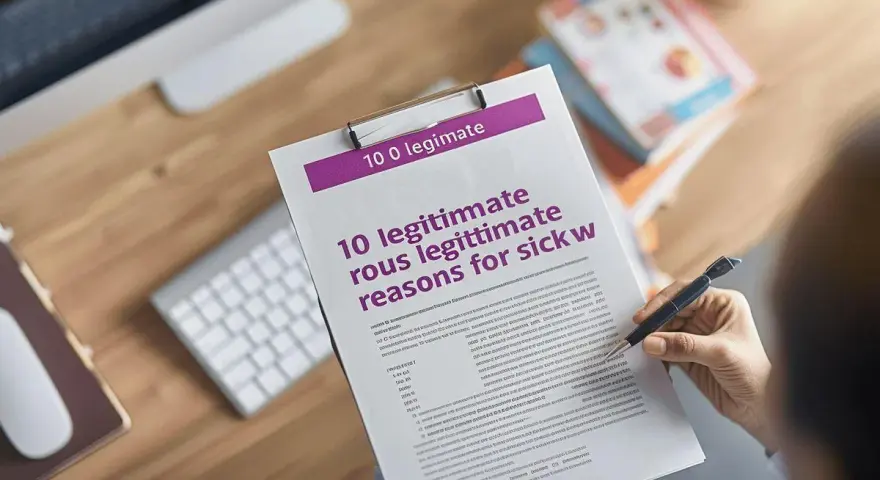Une personne examine un document intitulé "10 raisons légitimes pour un arrêt de travail". Le document est sur un presse-papiers, avec un clavier et une souris à proximité.