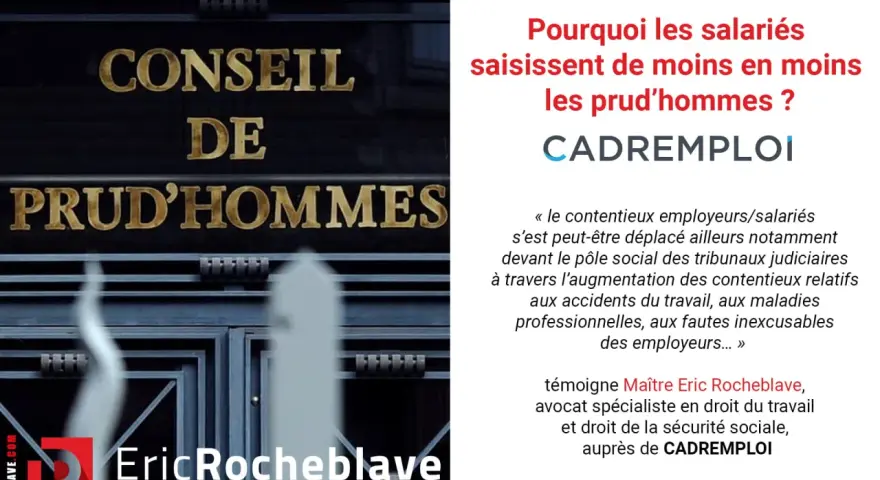 Le bâtiment du Conseil de Prud'hommes, avec le texte "Pourquoi les salariés saisissent de moins en moins les prud'hommes ?" et le témoignage d'un avocat sur le verdict jugement prud'hommes.