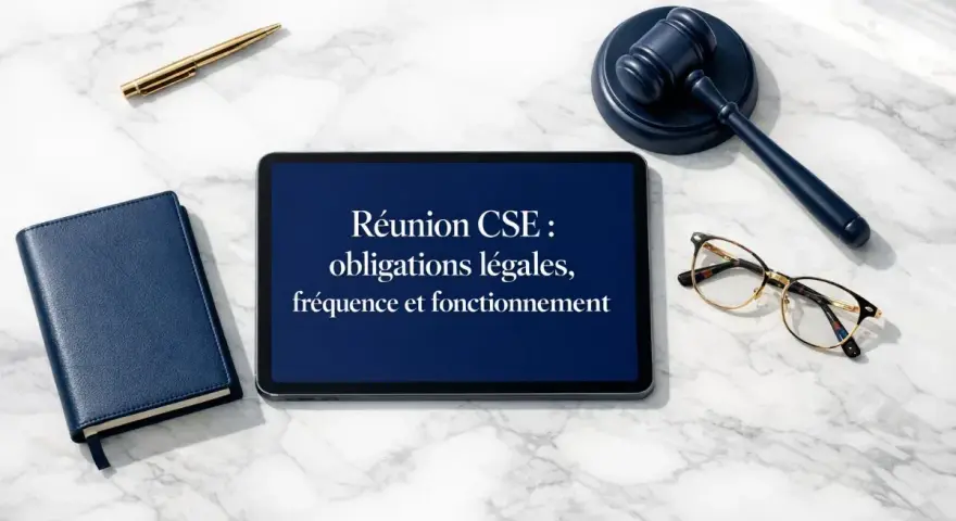 Sur une tablette, "Réunion CSE : obligations légales, fréquence et fonctionnement". Un marteau de juge, des lunettes et un carnet complètent la scène, évoquant le respect du code du travail.