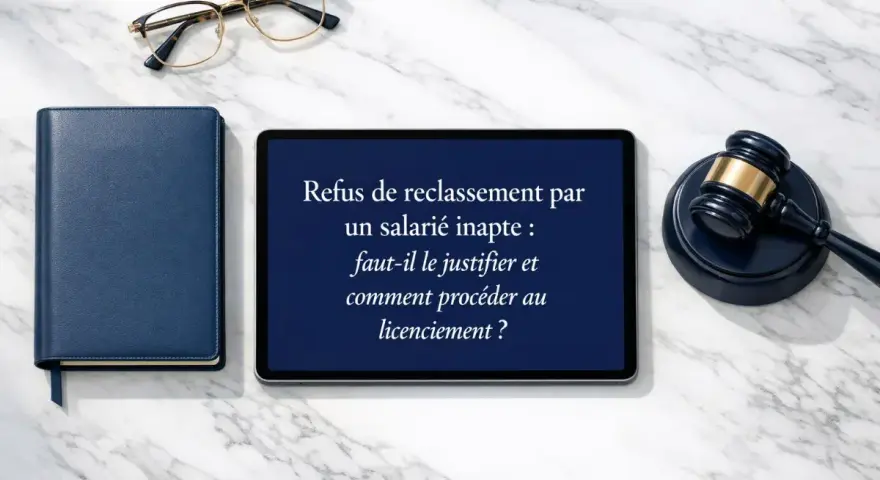 Un juge, un livre bleu et une tablette affichant "Refus de reclassement par un salarié inapte : faut-il le justifier et comment procéder au licenciement ?" sur fond marbre.