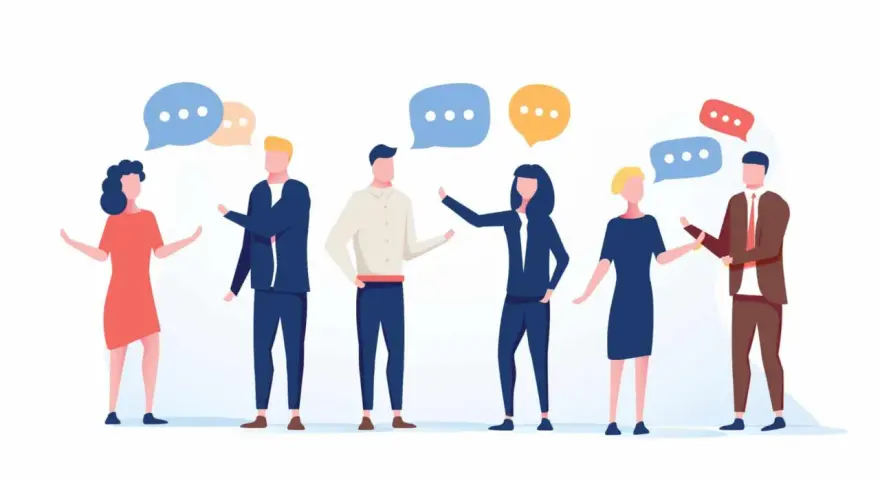 Six personnes discutent, leurs bulles de dialogue flottant au-dessus. Un baromètre social de la communication.