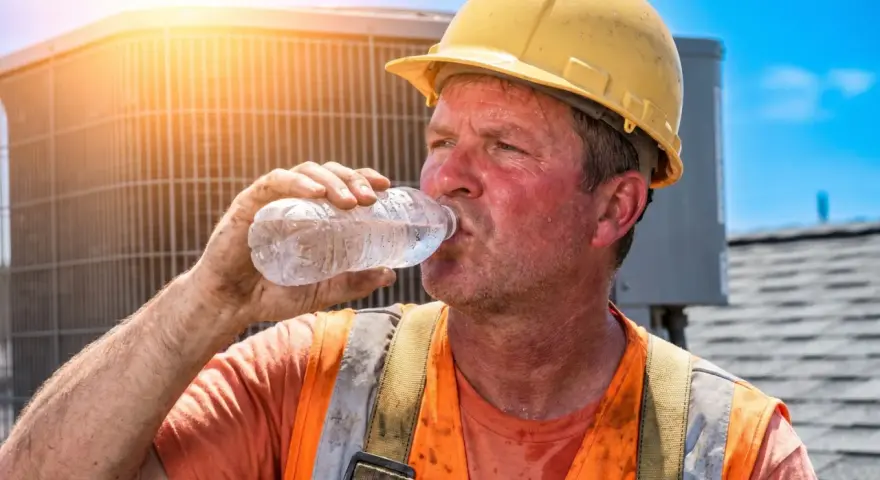Ouvrier en sueur, casque jaune, buvant de l'eau sous un soleil de plomb. La condition de travail difficile est évidente sur son visage rougi.