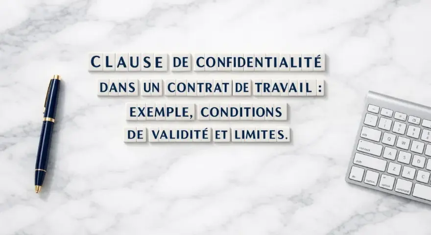 Une clause de confidentialité dans un contrat de travail : exemple, conditions de validité et limites. Stylo et clavier sur fond marbre.