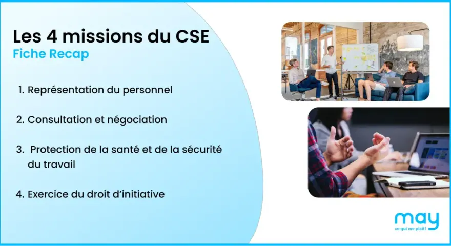 Les 4 missions du CSE : représentation, consultation, protection santé/sécurité et droit d'initiative. Illustration de réunions professionnelles.