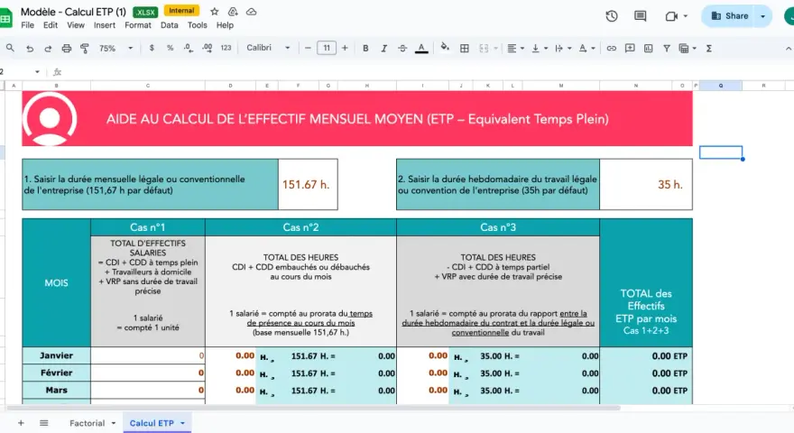 Tableau de calcul de l'ETP (Equivalent Temps Plein) pour la gestion des effectifs. Il détaille les cas de calcul et les entrées pour janvier, février et mars.