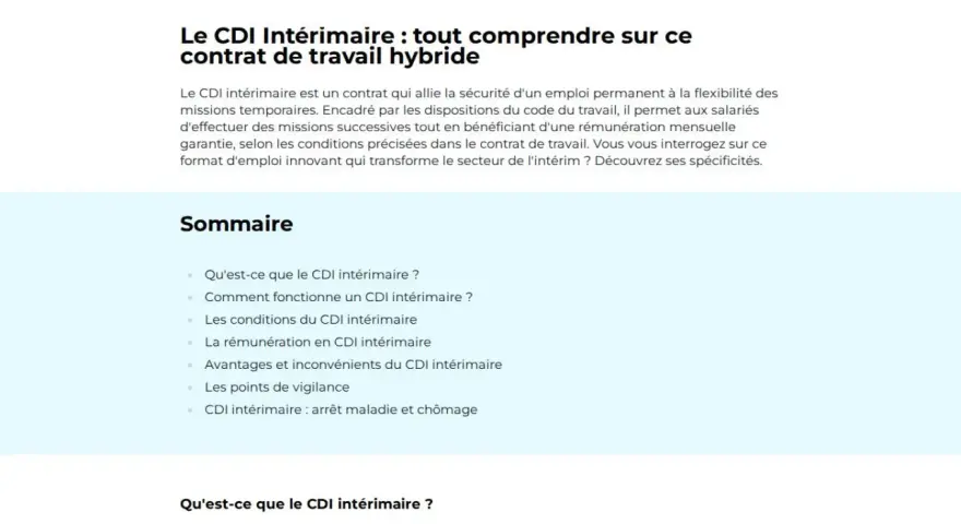Le CDI intérimaire, un contrat hybride alliant sécurité et flexibilité, est expliqué en détail. Il sécurise les parcours professionnels des salariés intérimaires après 36 mois.