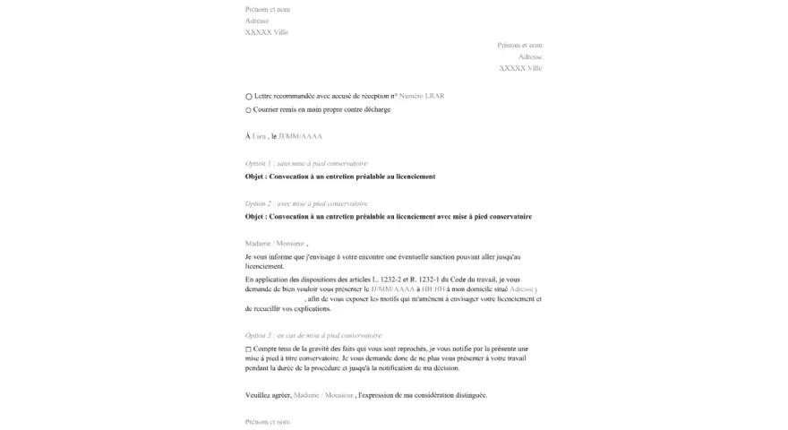 Convocation à un entretien préalable au licenciement. Ce document officiel détaille les démarches pour un licenciement.
