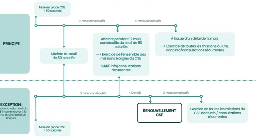 Organigramme expliquant la mise en place et les missions du CSE, avec des seuils de salariés et des délais de 12 mois.